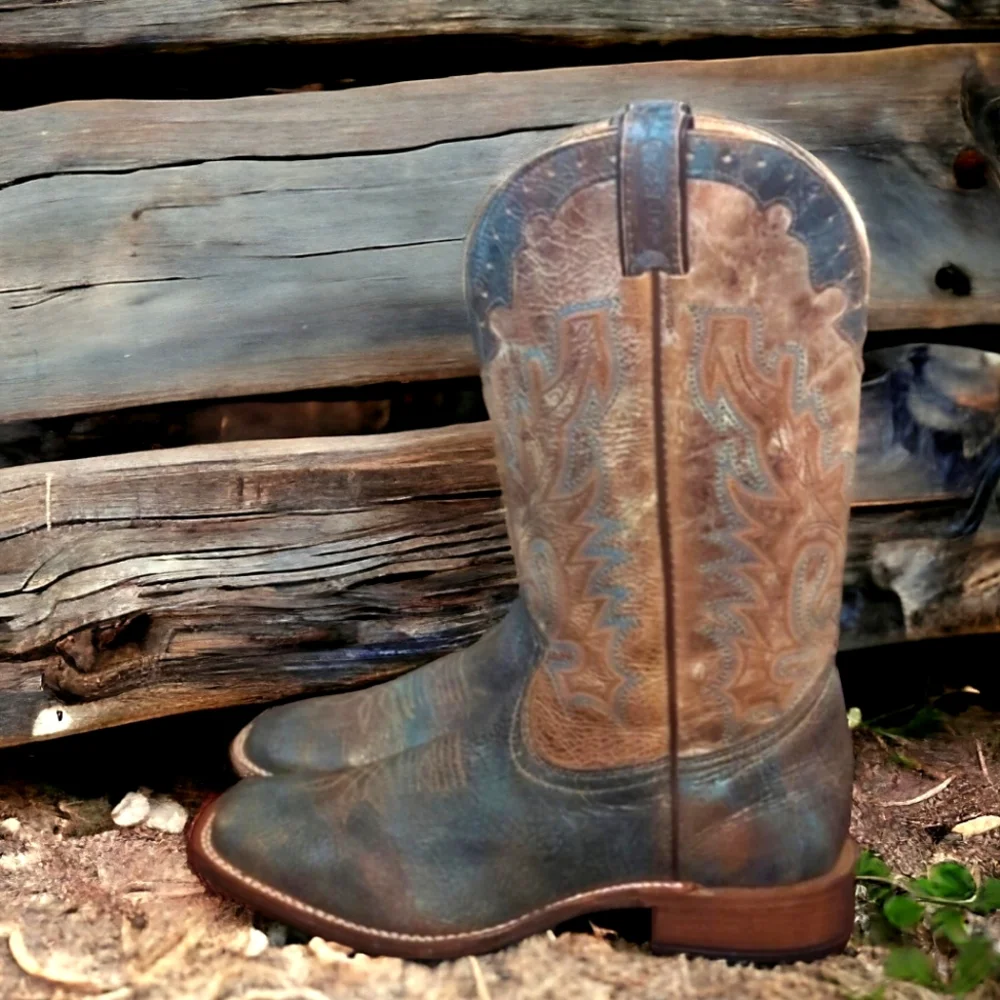 BOULET Boots #4071 mens 9E cowboy boots distressed Tan/Turqueza square toe EUC